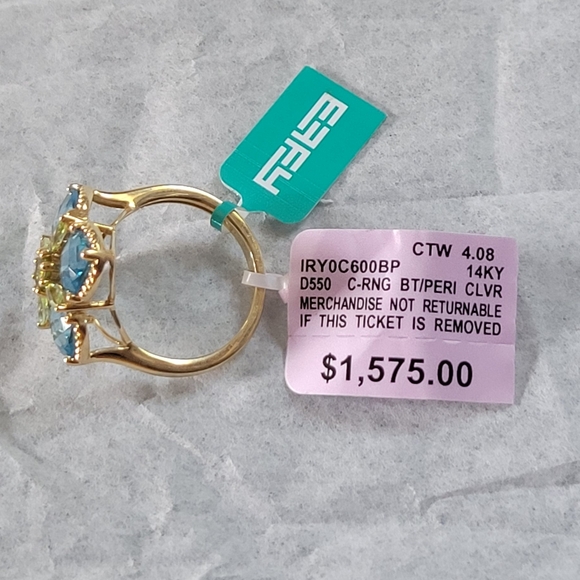 EFFY gemma blue topaz, peridot 14kt yellow gold clover ring - Picture 3 of 9
